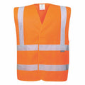 The Portwest PW416 is an orange safety vest featuring reflective silver stripes.
