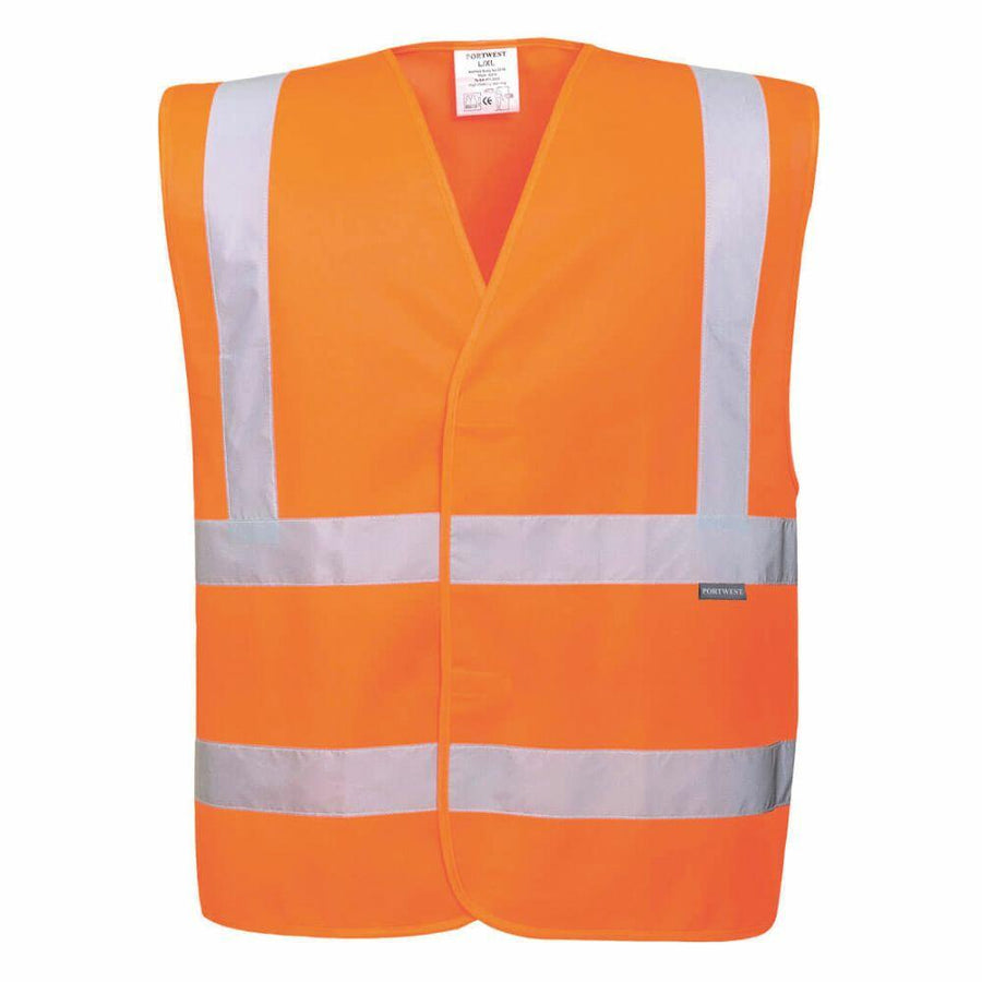 The Portwest PW416 is an orange safety vest featuring reflective silver stripes.