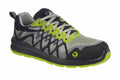 The PW417 sneaker by Portwest is a stylish footwear option, showcasing a black and gray color scheme with green accents. It features a geometric pattern, complemented by white laces and adorned with a green logo on the side.