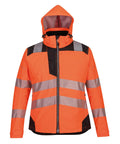 The Jackets product features high-visibility orange fabric, reflective silver stripes on the chest, arms, and waist, black zip and accents on the shoulders and sides, plus an attached hood.