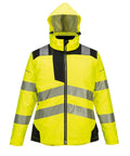 A yellow Jackets high-visibility jacket with reflective silver stripes, black accents, a front zip, and an attached hood is shown against a white background.