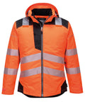 The Jackets product features a high-visibility orange colour, reflective silver stripes on the torso and arms, black accents on the shoulders and sides, a hood, and a front zip fastening.