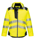 A yellow and black Jackets high-visibility jacket with reflective silver stripes, front zip, long sleeves, and hood shown against a white background.