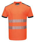 A high-visibility orange T-shirt with black trim on shoulders and sleeves, two horizontal reflective stripes, and a left chest pocket.