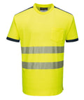 The T-shirts are short-sleeved, high-visibility yellow with a chest pocket, two horizontal reflective stripes around the torso, and dark-coloured collar and sleeve cuffs.