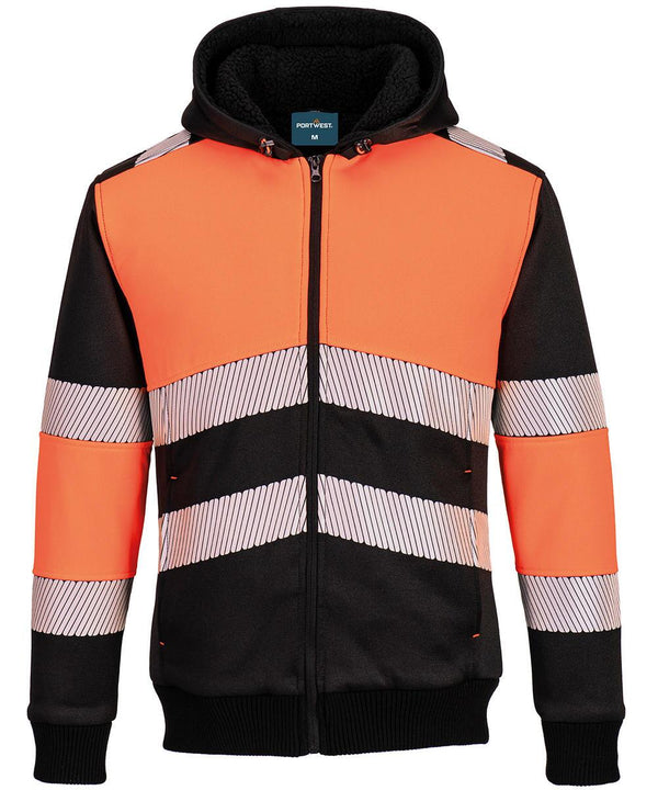 The Portwest PW3 Hi-vis Class 1 Winter Hoodie (PW377) is a zip-up jacket with bright orange panels, black sleeves and lower body, and reflective silver diagonal stripes on the chest, arms, and waist.