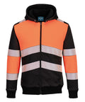 The Hoodies jacket features a zip-up front, high-visibility orange and black panels with horizontal reflective stripes on the chest, arms, and abdomen, side pockets, and a black-lined hood.