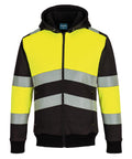 A front view of the Hoodies in black with bright yellow panels and reflective silver stripes on the chest, arms, and torso for high visibility.