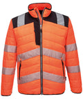 The Jackets product is a high-visibility orange puffer jacket with reflective silver stripes on the torso, arms, and shoulders. It has a front zip, two side pockets, and black accents on the chest and shoulders.