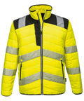 The jackets feature a bright yellow colour with black accents, reflective silver stripes on the shoulders, chest, and sleeves, a front zip fastening, and two zipped side pockets.