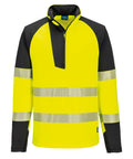The Portwest PW3 Hi-vis ½-zip sweatshirt (T172) features long sleeves, a high-visibility yellow design with black shoulder and arm accents, silver reflective stripes around the torso and sleeves, and a front half-zip fastening.