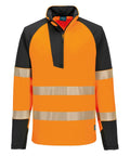 Sweatshirts: High-visibility long-sleeve pullover with an orange body, black shoulders and sleeves, a black partial zip, and two horizontal reflective stripes on torso and sleeves.