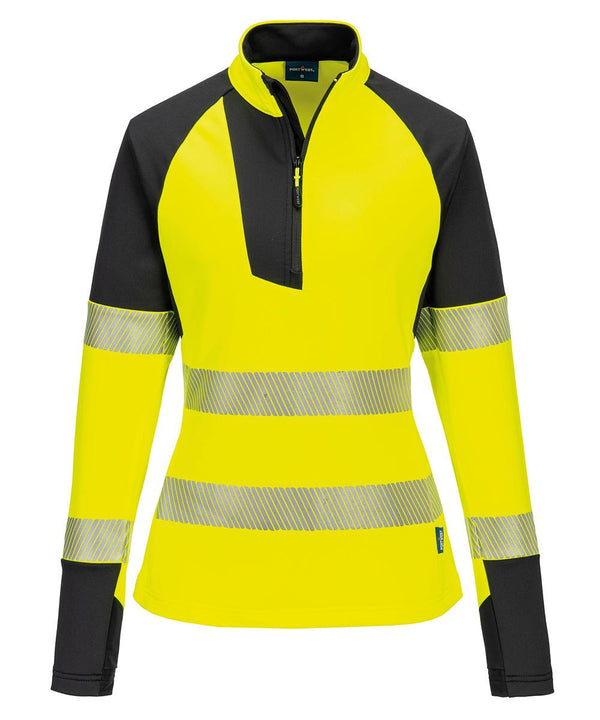 The Portwest Women's PW3 Hi-vis ½-zip sweatshirt (T173) features bright yellow and black panels, long sleeves, and two horizontal reflective stripes across the torso and arms for high visibility.