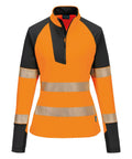 A high-visibility orange and black jumper with long sleeves, reflective silver stripes on chest and arms, half-zip front, and stand-up collar.