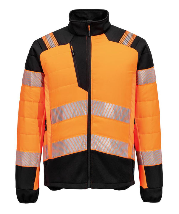 The Portwest PW3 Hi-vis hybrid baffle jacket (T170) features a high-visibility orange colour with black accents, reflective silver stripes on the chest, arms, and waist, a front zip, zipped chest pocket, and high collar.