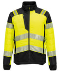 Jackets: High-visibility yellow and black with reflective silver stripes on chest, arms, and waist; features multiple zipped pockets and a stand-up collar.