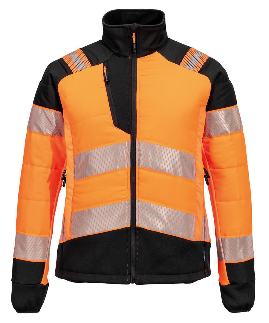 The Portwest Women's PW3 Hi-vis Hybrid Baffle Jacket (T171) features bright orange fabric, silver reflective stripes, black accents on shoulders, sides, and sleeves, plus front zip and zipped pockets for safety and style.