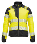 A front view of a yellow and black hi-vis "Jackets" with reflective silver stripes on the shoulders, arms, and torso. Features include a zip-up front, high collar, and zipped pockets.