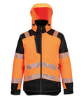 Jackets: High-visibility orange and black with reflective silver stripes, front zip, two zipped side pockets, a zipped chest pocket, and an attached hood.