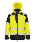 Jackets: High-visibility yellow and black jacket with reflective stripes on sleeves, chest, and waist; features hood, zip pockets, and front zip fastening.