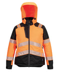The Portwest Women's PW3 Hi-vis winter jacket (T162) is orange and black with reflective silver stripes, a front zip, zipped pockets, and an attached hood. Displayed on a plain white background.