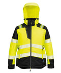 Jackets with high-visibility hood, bright yellow and black panels, reflective stripes on sleeves, chest, waist, and zipped side pockets.