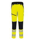 Trousers with bright yellow and black panels, zipped pockets, reflective stripes on lower legs, and a button-zip waist fastening offer high visibility for work.