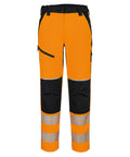 Portwest Women's PW3 Hi-vis Stretch Trousers (T141) feature bright orange fabric, black reinforced knees, reflective silver bands on the lower legs, multiple pockets, and belt loops for enhanced visibility and functionality.
