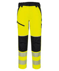 Trousers: High-visibility yellow work trousers with black accents, silver reflective lower leg stripes, multiple pockets, button fastening, and reinforced knees.