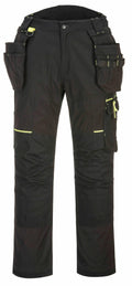 Portwest PW470 black work pants featuring multiple pockets and yellow accents.