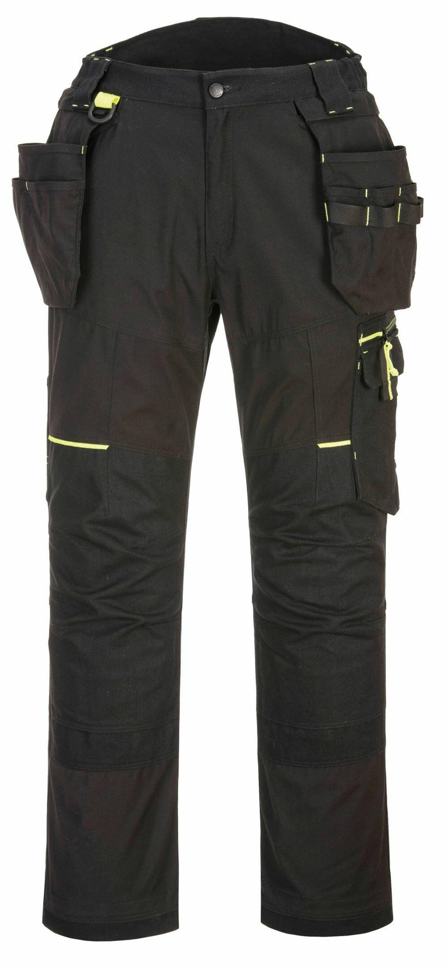 Portwest PW470 black work pants featuring multiple pockets and yellow accents.