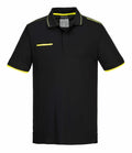 The Portwest PW471 is a black polo shirt that features neon green accents on the collar, sleeves, and pocket lining.