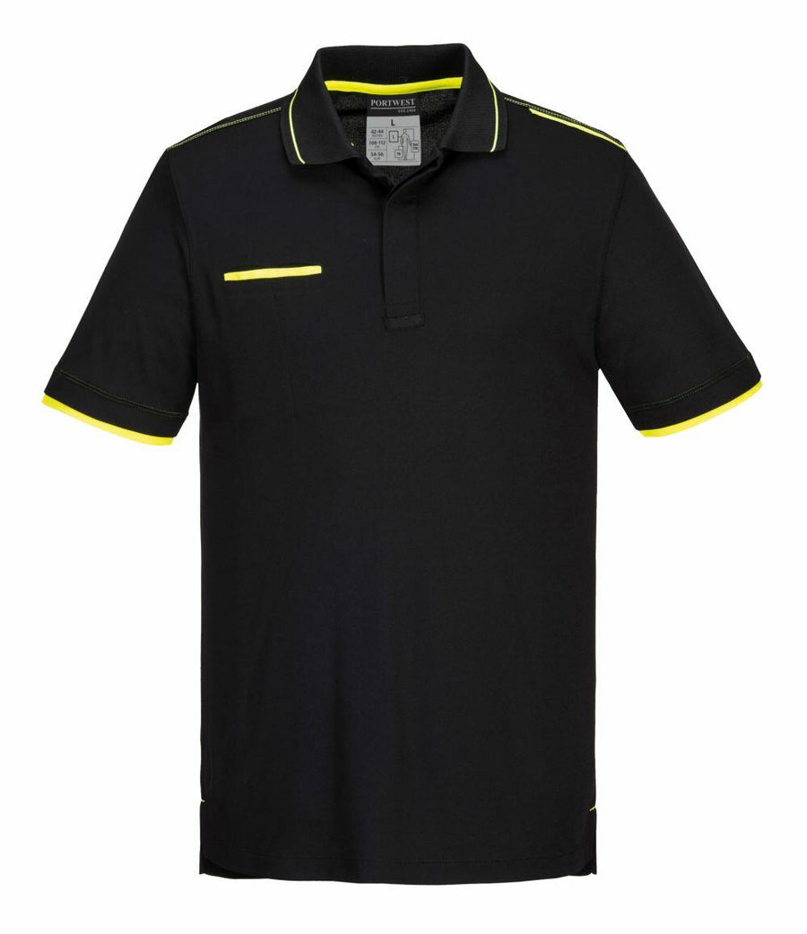 The Portwest PW471 is a black polo shirt that features neon green accents on the collar, sleeves, and pocket lining.