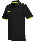 A Portwest PW471 short-sleeve black polo shirt with yellow trim on the collar, sleeves, and chest pocket.