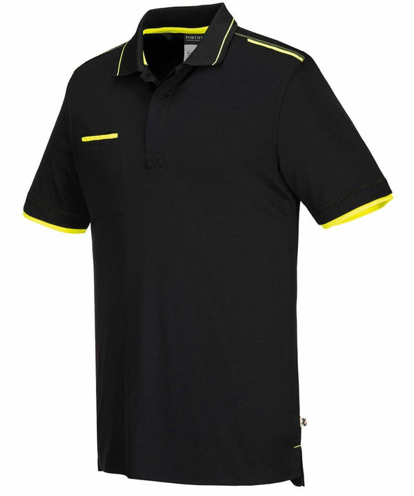 A Portwest PW471 short-sleeve black polo shirt with yellow trim on the collar, sleeves, and chest pocket.