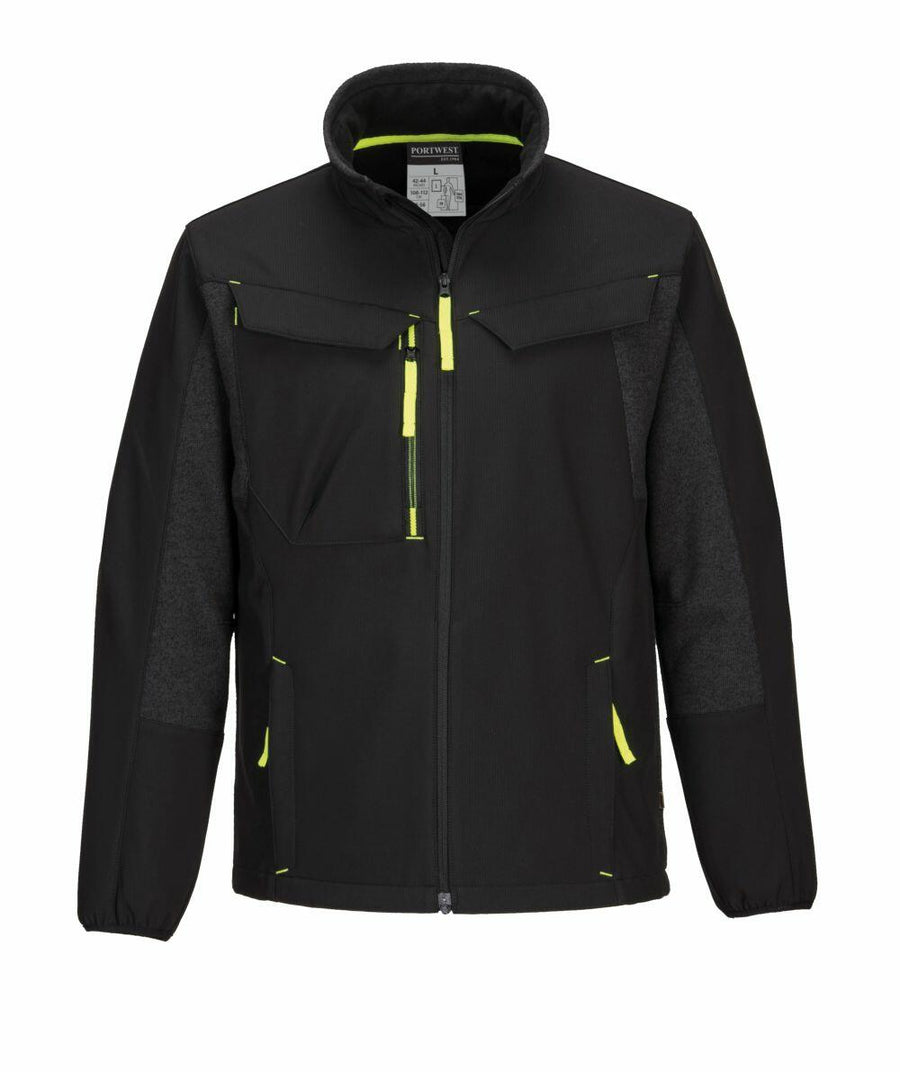 The PW472 by Portwest is a black zip-up jacket featuring a high collar, green accents, and multiple front pockets, displayed against a white background.