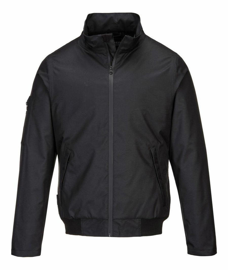 Portwest's PW510 jacket is a black zip-up with a high collar and two front pockets.