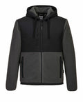 The Portwest PW511 is a men's hooded jacket featuring a gray fleece body, black padded upper section, zipper closure, and adjustable drawstrings.