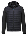 The PW512 by Portwest is a black zip-up jacket featuring a hood. Its front is padded, with sleeves and sides made of contrasting fabric, and it includes blue zipper pulls on the pockets.