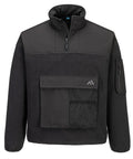 The Portwest KX3 Sport -zip fleece (KX378) is a black jumper with a high collar, quarter-zip front, large front flap pocket with mesh detail, zipped left sleeve pocket, and a small geometric logo on the front pocket.