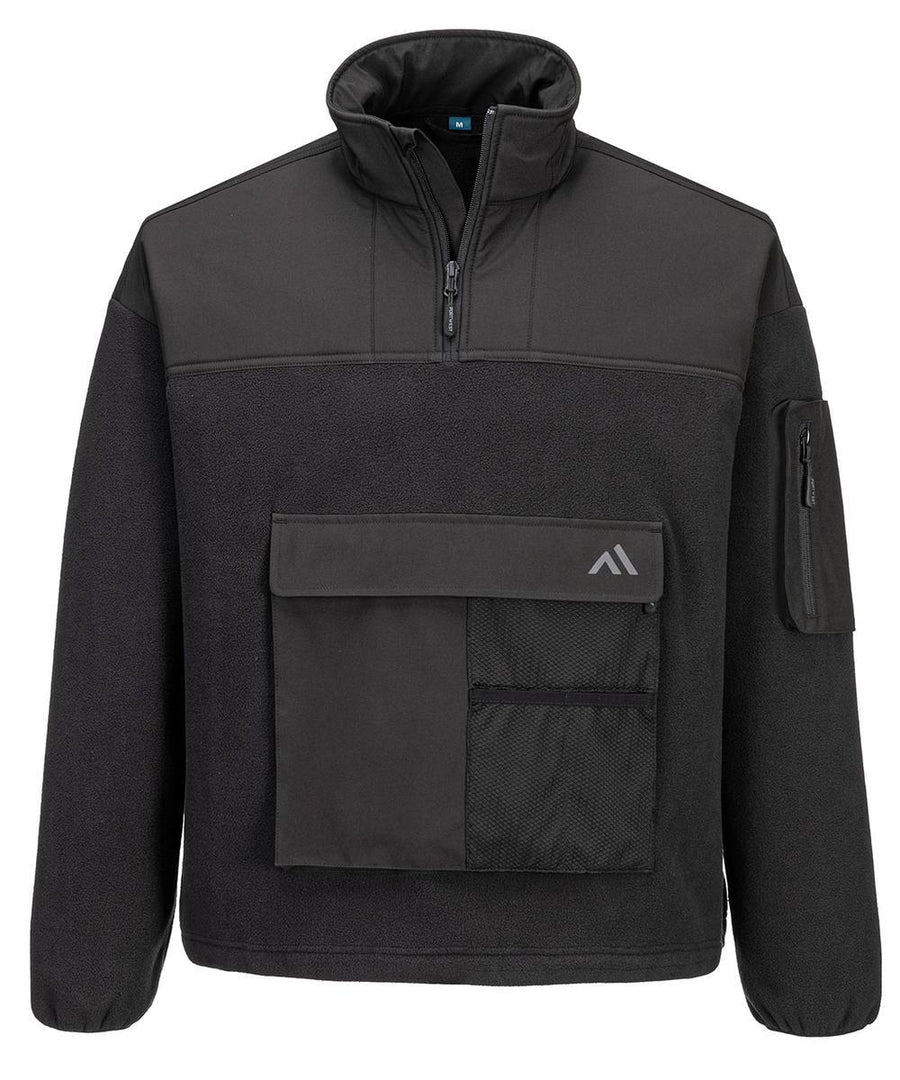 The Portwest KX3 Sport -zip fleece (KX378) is a black jumper with a high collar, quarter-zip front, large front flap pocket with mesh detail, zipped left sleeve pocket, and a small geometric logo on the front pocket.