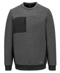 A dark grey sweatshirt long-sleeve crewneck features a black zippered left chest pocket, small logo near the left hem, and simple design with black detailing on the sides and cuffs.