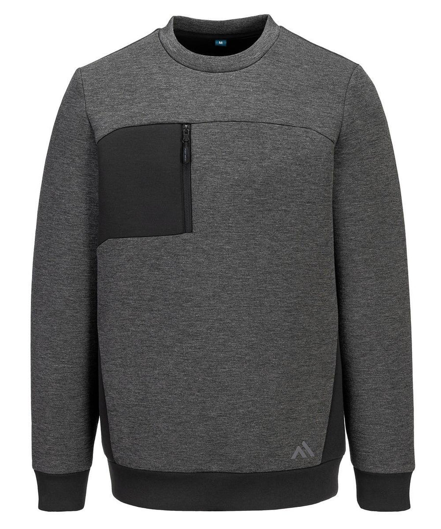 The Portwest KX3 Sport Tech Sweatshirt (KX377) features a dark grey crew neck, long sleeves, a black zippered left chest pocket, and a small logo at the lower right front for a simple, modern look.