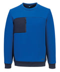 The sweatshirts feature a blue crew neck design with dark blue side panels, sleeves, and hem, plus a black zippered chest pocket on the left side and a small angled logo near the lower right hem.