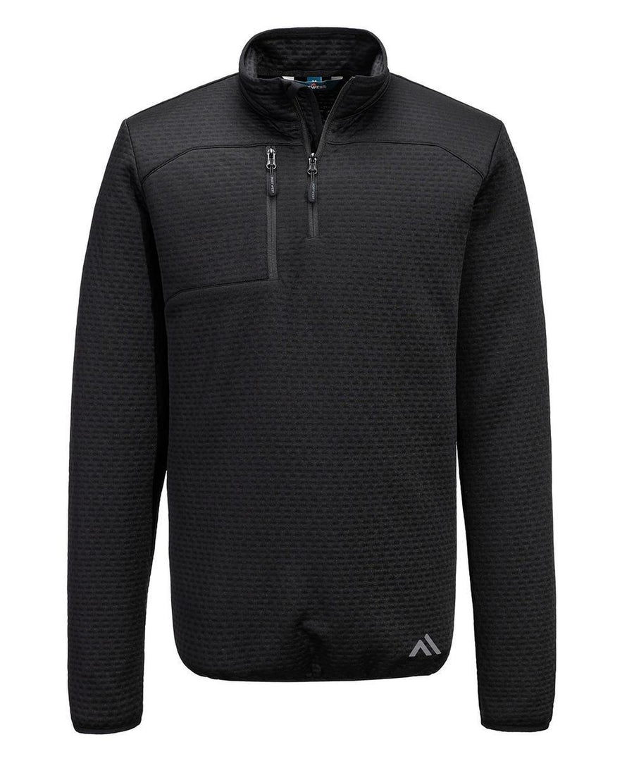 A black, long-sleeve “Sweatshirts” pullover with a quarter-zip front, two chest zip pockets, subtle textured pattern, high collar, and a small logo near the left bottom hem.