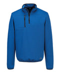 The sweatshirts feature a blue long-sleeve design with a quarter-zip front, a zipped chest pocket, textured fabric, elastic waistband, and a small logo near the bottom left hem.