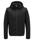 The Hoodies is a black zip-up jacket with long sleeves, a chest pocket with vertical zip, two side pockets, a hood, simple modern design, and a small logo on the lower left side.