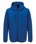 A blue Hoodies zip-up jacket featuring a hood, chest zip pocket, two side pockets, and a small reflective logo near the left bottom hem, displayed on a plain white background.
