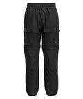 Trousers: Black convertible cargo trousers with zip-off legs, elasticated waistband and cuffs, two zippered hip pockets, two thigh flap pockets, and a small logo on the left thigh.