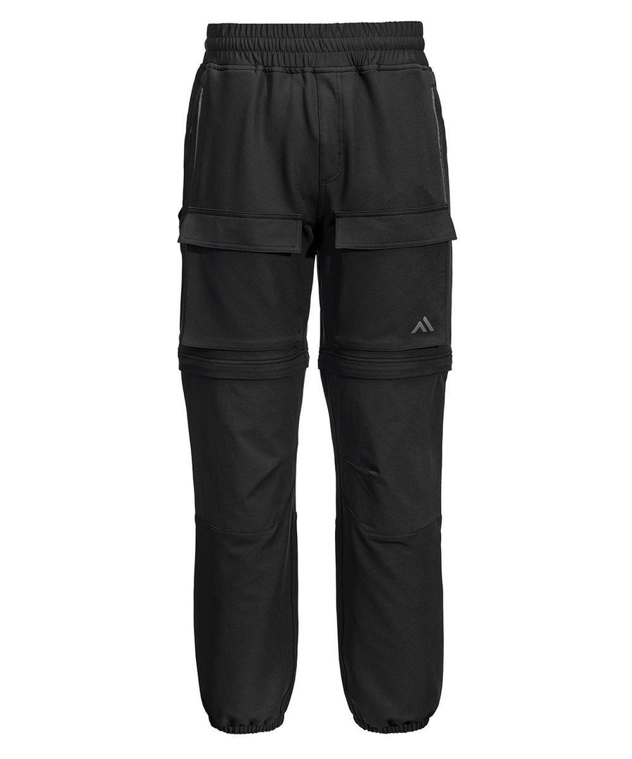 Trousers: Black convertible cargo trousers with zip-off legs, elasticated waistband and cuffs, two zippered hip pockets, two thigh flap pockets, and a small logo on the left thigh.